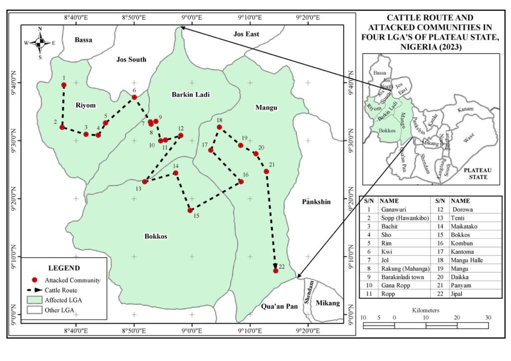 Map of four counties in Central Plateau State illustrating path of Fulani cattle herd migrations and aligned with village attacks. Courtesy of Stefanos Foundation.