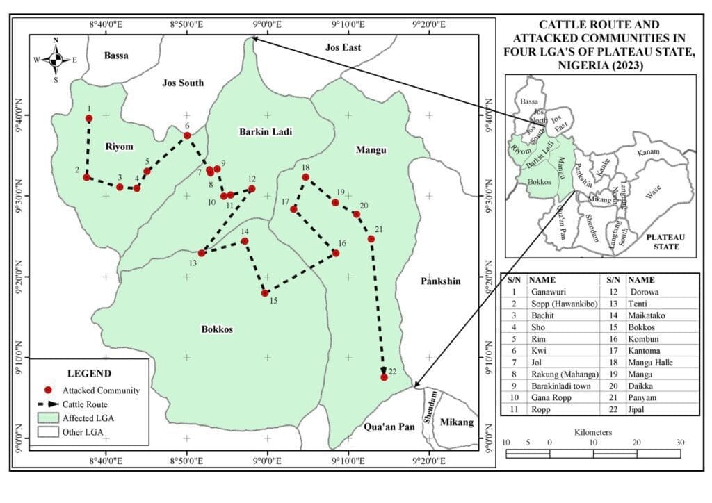 Map of four counties in Central Plateau State illustrating path of Fulani cattle herd migrations and aligned with village attacks. Courtesy of Stefanos Foundation.