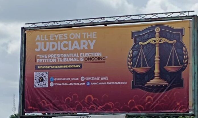 #AllEyesOnTheJudiciary billboard in GRA, Benin City, capital of Edo State, Nigeria. Credit: @GeneralOluchi on X.