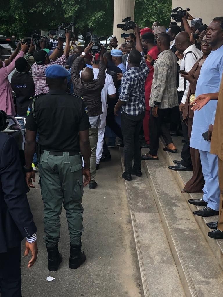Nigerian media gather outside a federal courthouse in Abuja where election challenges to the winner of 2023 election were heard. Courtesy of E. Ogebe.