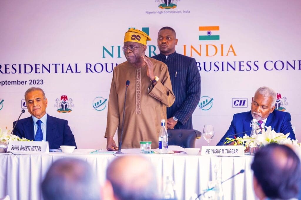 Nigerian President Bola Tinubu speaking at trade conference in New Delhi.