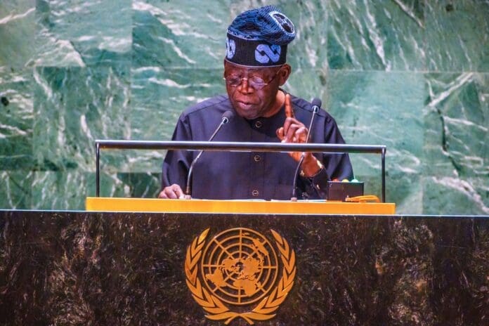 President Tinubu speaking at the United Nations General Assembly. Photo via X.