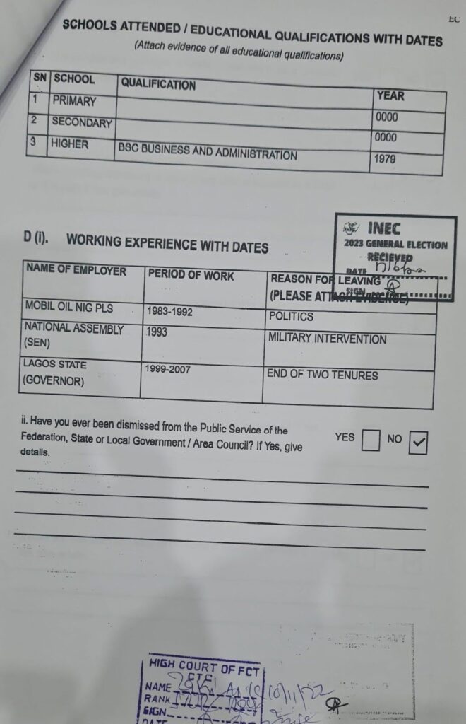 Photo of Tinubu's FORM CF001 showing his educational qualifications. Credit: @Drelmoatiku on X.