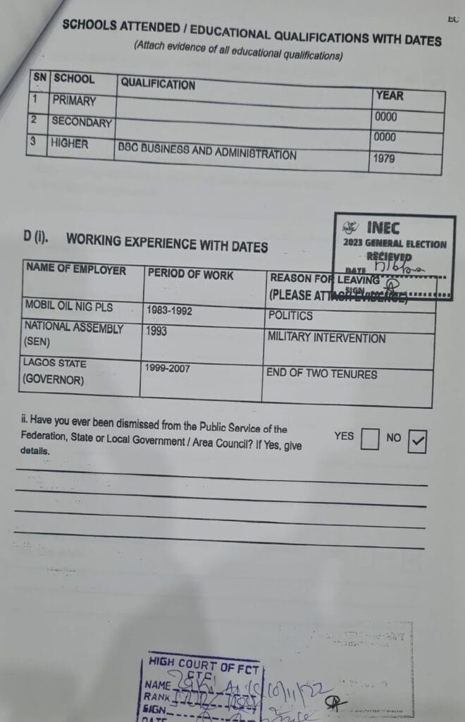 Photo of Tinubu's FORM CF001 showing his educational qualifications. Credit: @Drelmoatiku on X.