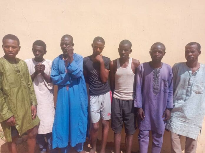 Arrested Kidnappers. Photo Credit: Adamawa State Police Command. L-R; Kabiru Muhammed, 42 years old; Ibrahim Audu, 17 years old; Hassan Usman, 40 years old; Musa Sani, 22 years old; Bello Ibrahim, 35 years old; Abdullahi Saidu, 17 years old; Muhammed Abdu, 40 years