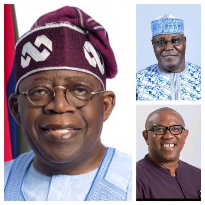 Photo collage of Nigerian President Bola Tinubu (left), Atiku Abubakar (up) and Peter Obi (down).