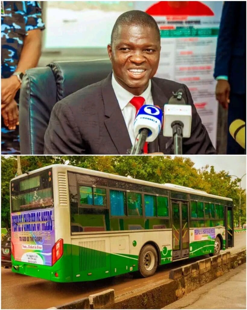 Photo collage of Governor of Francis Ogbonna Nwifuru (up) and one of the CNG buses (down). Credit: Facebook.