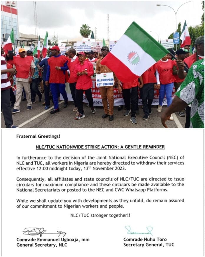 Nigerian workers during a protest rally [up] and the NLC/TUC's memo directing workers to stay off work [down]. Credit: Nigeria Labour Congress on X.
