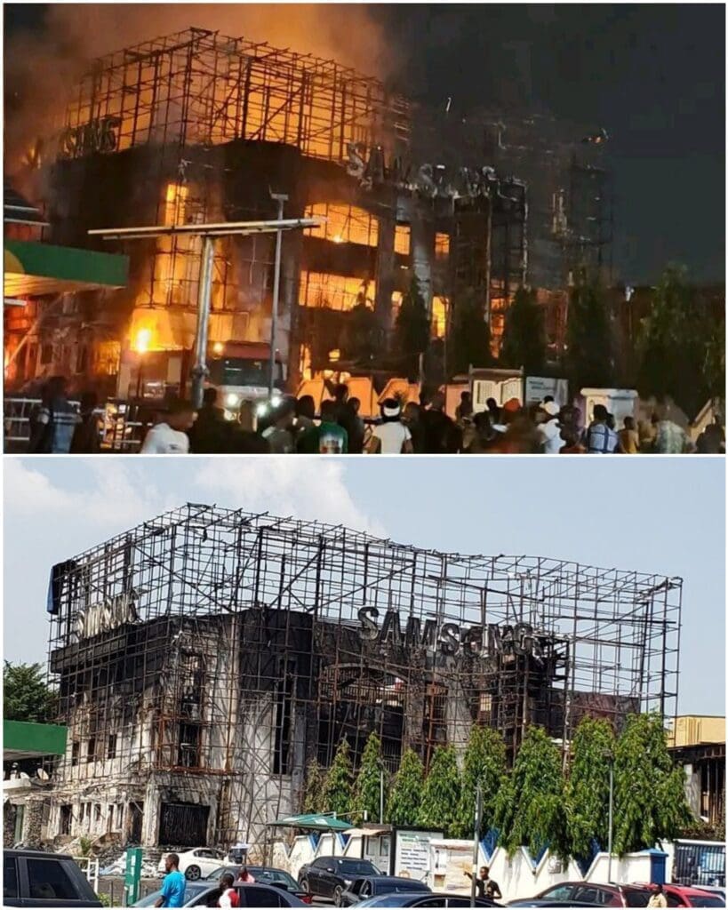 Razed Samsung Abuja office. Credit: BTC_BENZ memecoin on X.