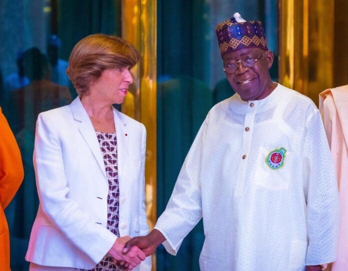 President Bola Tinubu and Catherine Colonna, the French Minister of Europe and Foreign Affairs. Credit: Bayo Onanuga on X.