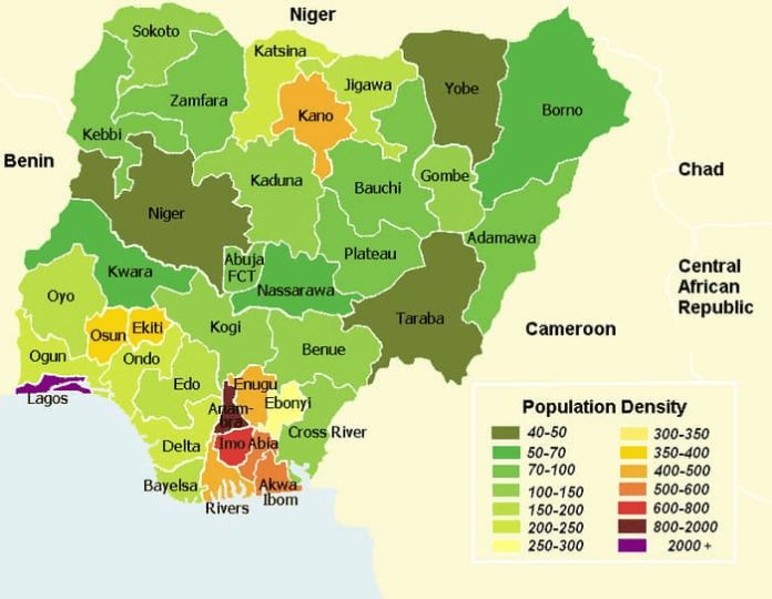 Population Density Map of Nigeria. Source: Wikipedia.