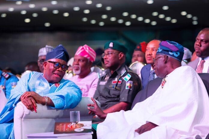 Senate President Godswill Akpabio (left) and President Bola Tinubu (right) at Akpabio’s 61st Birthday Colloquium Lecture. Photo credit: X/NGRPresident.