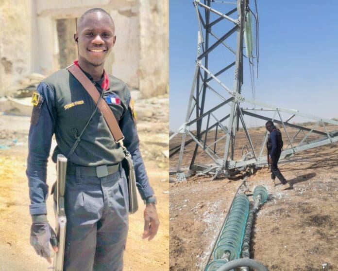 Nurudeen, an NSCDC officer, inspecting the scene of the bombed power tower before he stepped on an explosive. Photo credit: X/ZagazOlaMakama.