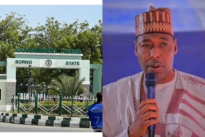 Borno State Government House gate and Governor Babagana Zulum.