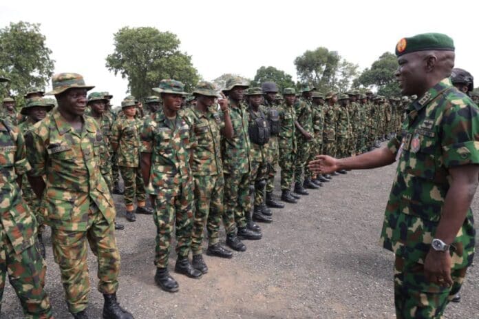Nigeria's Chief of Army Staff (COAS) Lt.-Gen. Taoreed Lagbaja addresses troops in Makurdi, Benue State. Credit: Nigerian Army on X.