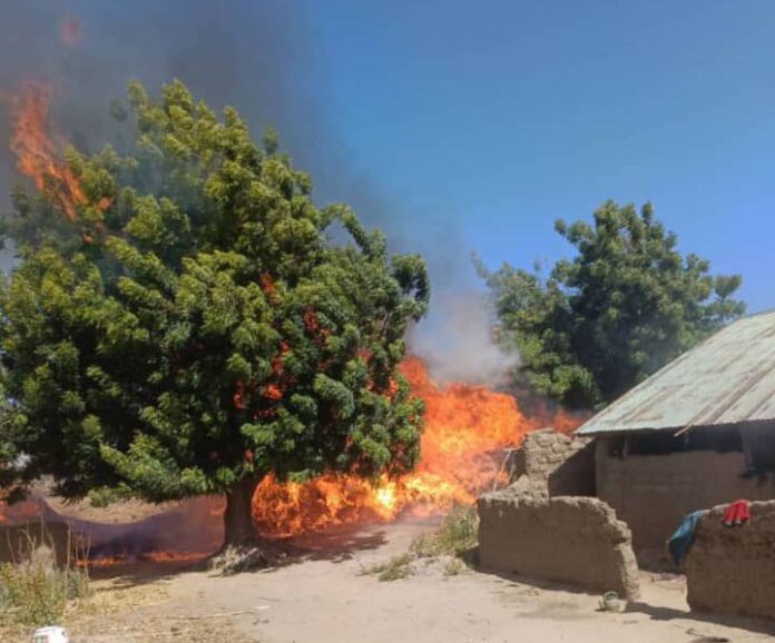 Terrorists' camp set ablaze by the Nigerian Army. Photo credit: X/HQNigerianArmy.