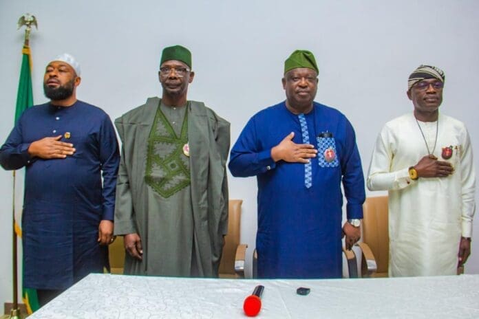 Governor Umar Bago (left), Governor Abdullahi Sule (middle left), Governor Caleb Mutfwang (middle right) and Governor Hyacinth Alia (right) during a meeting over Christmas Eve attacks. Photo credit: X/CalebMuftwang.