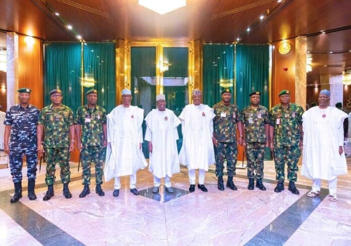 President Bola Tinubu with security chiefs and heads of intelligence agencies. Photo credit: X/@NGRPresidency.