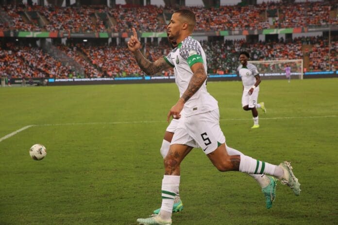 William Troost-Ekong celebrating his goal against Cote d'Ivoire. Photo credit: X/NGSuperEagles.