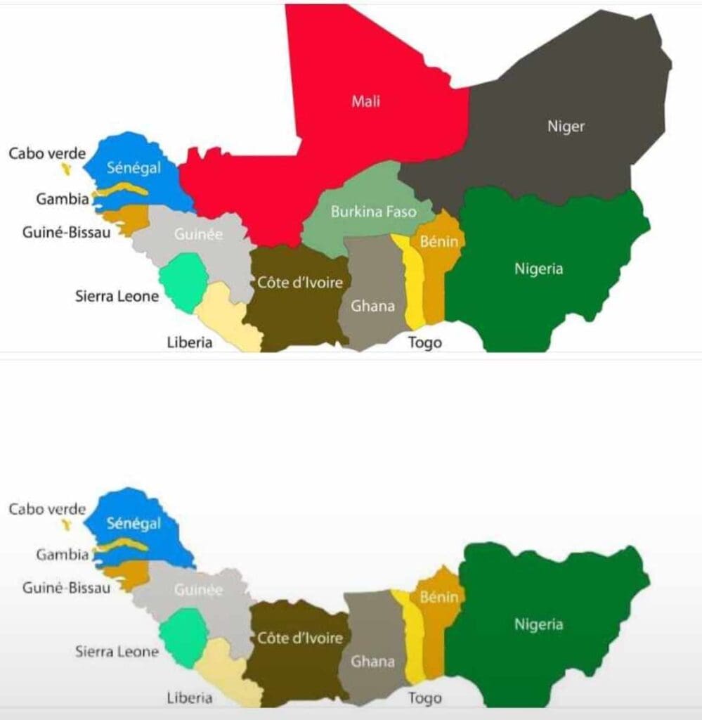 Two maps showing 15 ECOWAS state and ECOWAS without Burkina Faso, Mali and Republic of Niger (Credit: X)