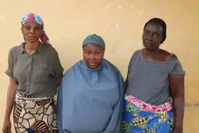Aisha Jibrin, 30 (centre) to her left said to be leader of the protest; Hajia Fatima Aliyi, 57 and Fatima Ishaku, 43 arrested by Niger State Police Command over the protest (Credit: X)