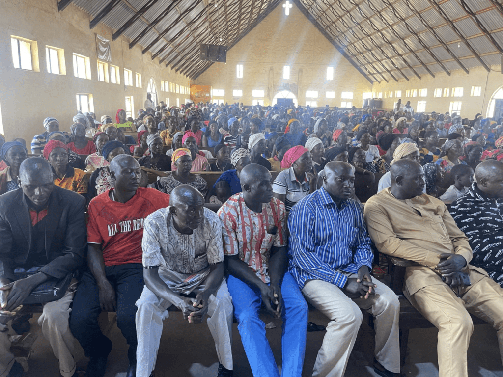 Displaced farmers and shop keepers in Bokkos gather on Feb. 12 to hear the assessment of the local pastors. Photo courtesy of Stephen Kefason.