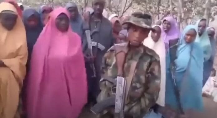 Screen capture of video released by kidnappers who took a bride and 62 women captive in Nigeria.