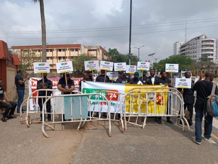 Section of marchers gathered in front of Lagos State Government House. Credit Joy Gofwen.