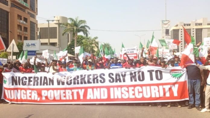 Nigerian workers during Tuesday's protest in Abuja. Photo credit: X@NLCHeadquarters.