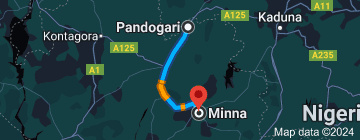 Map showing distance between Pandogari and Minna Courtesy Google map