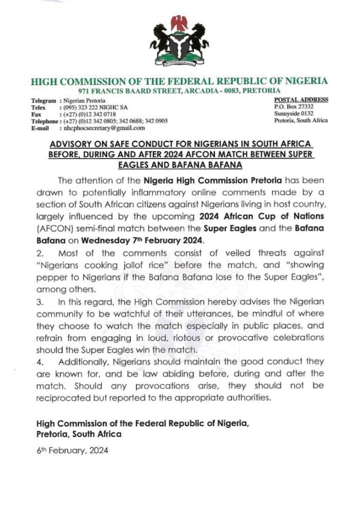 Statement by the High Commission of Nigeria in South Africa. Photo credit: X/@tvcnewsng