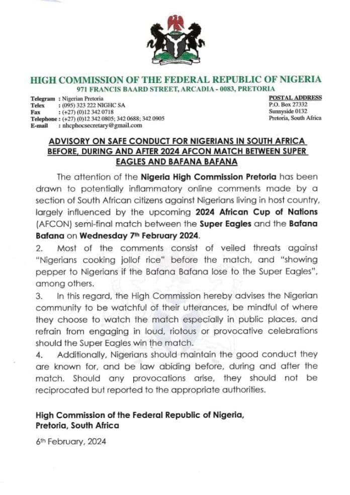 Statement by the High Commission of Nigeria in South Africa. Photo credit: X/@tvcnewsng