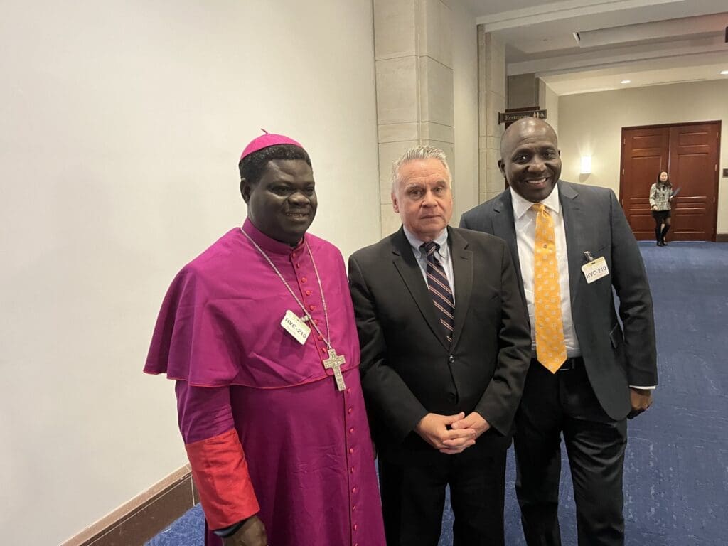 Left, Bishop Wilfred Anagbe, head of Nigeria's Diocese of Makurdi, Rep Chris Smith, and Rev. Akila Yusuf, Senior Branch Pastor, House on the Rock in Jos.