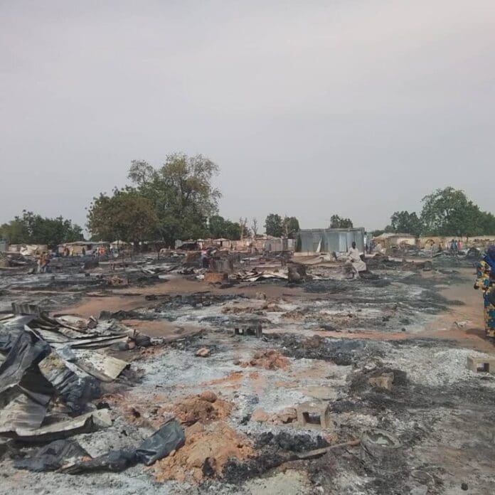 Destroyed IDP camp in Borno. Photo credit: Leadership.
