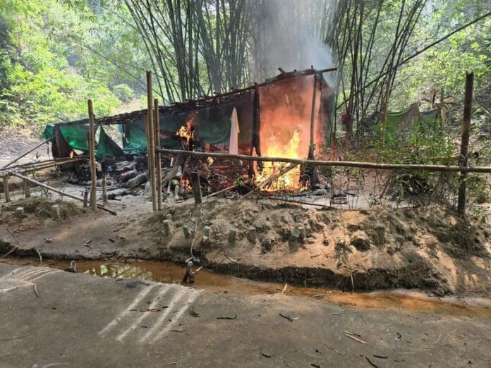 IPOB militia hideout tent in flames. Photo credit: X/@HQNigerianArmy.