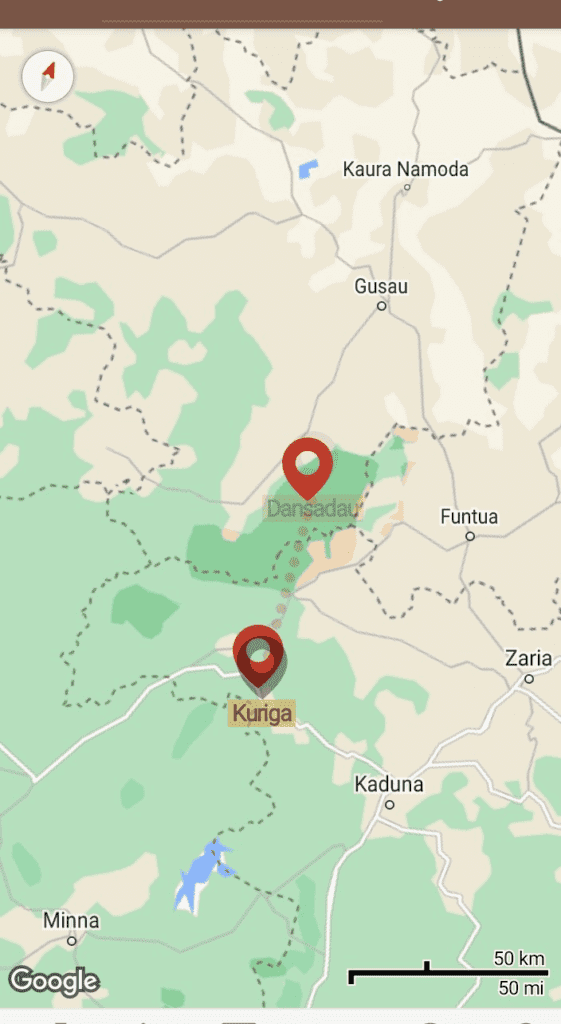 Map shows route of kidnappers taking abducted school children to Dansadau forest in Zamfara. Credit: Luka Binniyat.