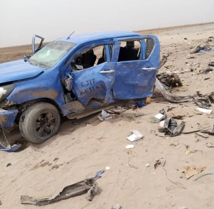 The CJTF's vehicle after the locally-made bomb explosion. Photo credit: @ZagazOlaMakama
