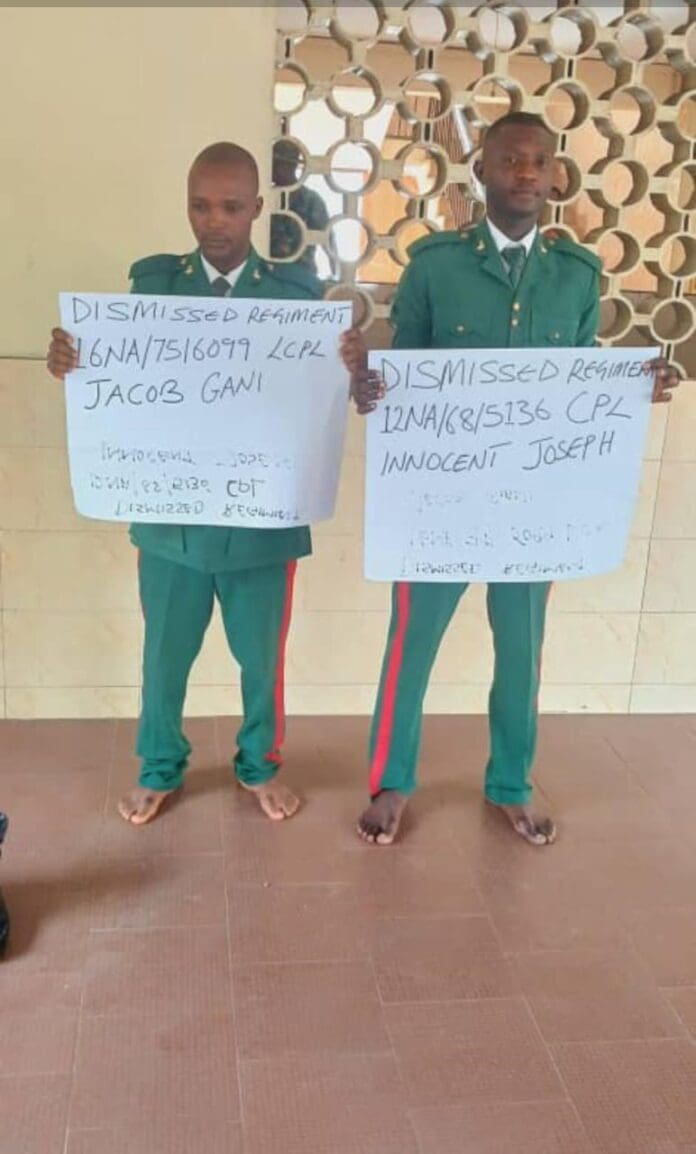 Dismissed Nigerian soldiers Corporal Innocent Joseph and Lance Corporal Jacob Gani. Photo credit: X/@HQNigerianArmy.