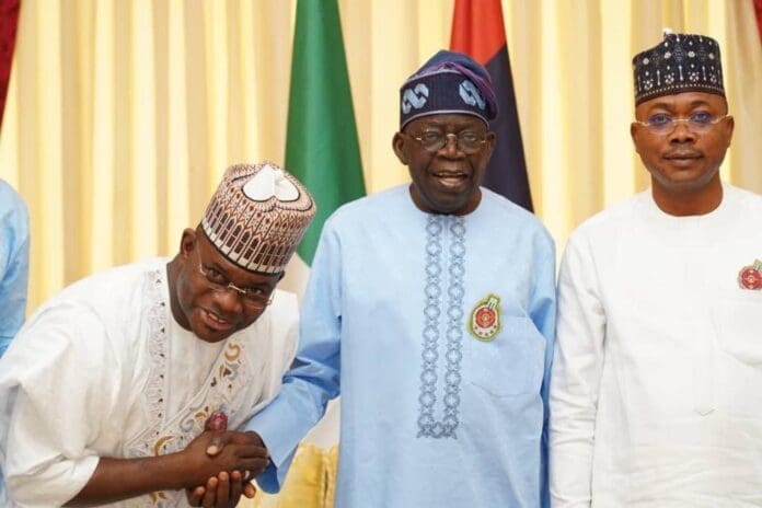 From left to right: Ex-governor Yahaya Bello, President Bola Tinubu and Governor Usman Ododo. Photo credit: X/@officialOAU