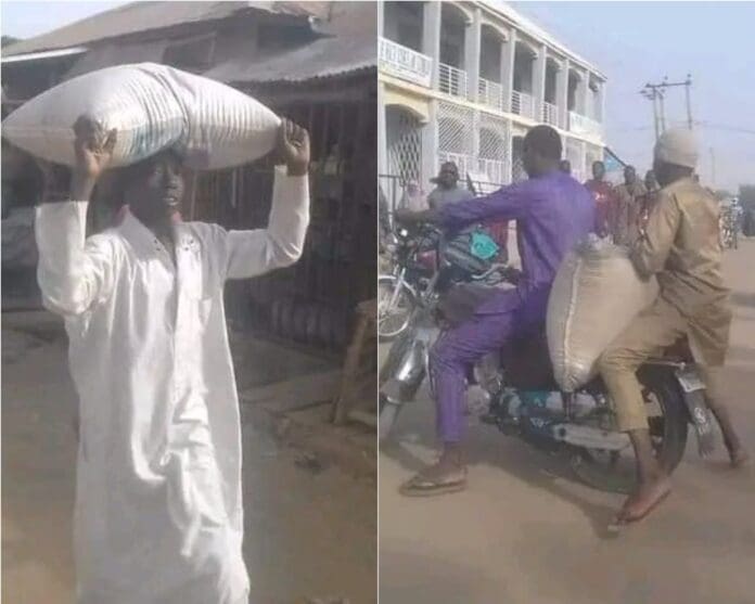 Photos of Kebbi residents with stolen bags of food items. Photo credit: Vanguard