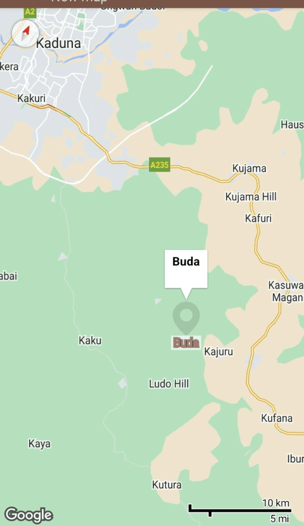 Map depicts town of Buda, 20 miles southeast of Kaduna Metro area. Map by Luka Binniyat.