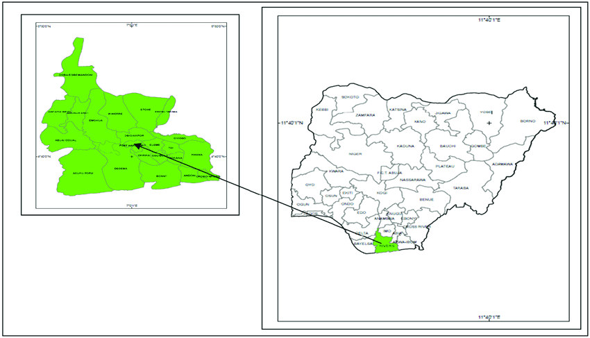 Map of Nigeria showing Rivers State and Port Harcourt local government area. Source: Geomatics Department, SPDC, Port Harcourt.

CREDITS  - Christopher Ledor Deeyah, Eke Stanley N and Chinwennwo Ohochuku. Via ResearchGate