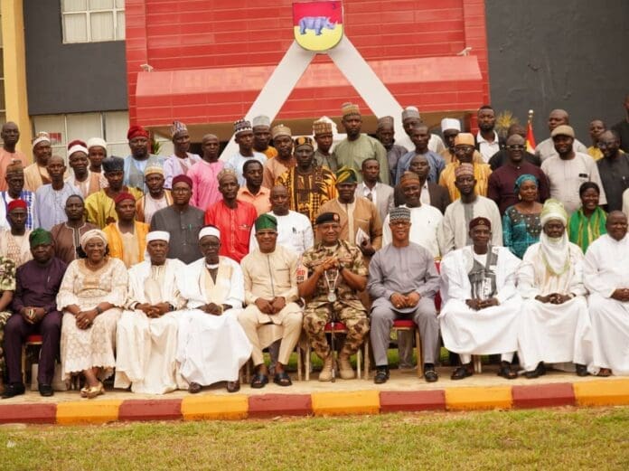 OPSH Commander Major General AE Abubakar with stakeholders of Bokkos and Mangu. Photo credit: X/@HQNigerianArmy