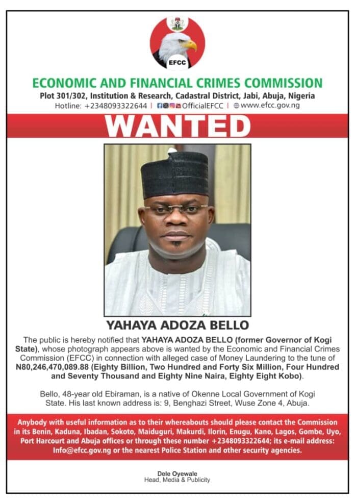 EFCC wanted poster for Yahaya Bello. Photo credit: X/@officialEFCC.