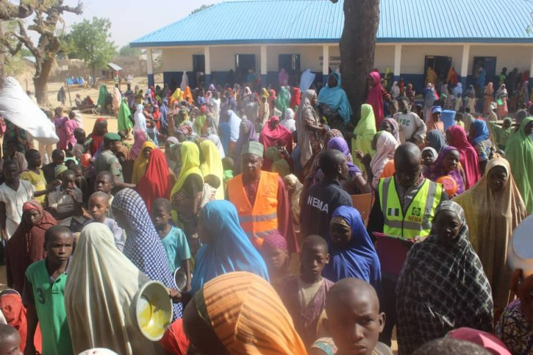 Zamfara State displaced persons gather for food distributions after a bandit gang displacement. National Emergency Agency (NEMA).