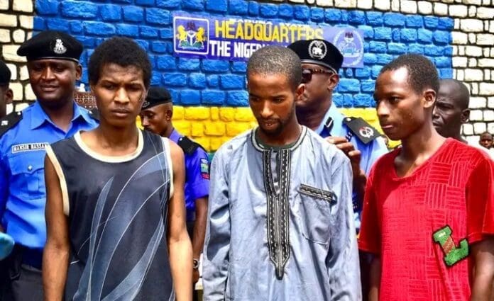 rime suspects linked to Abuja–Kaduna train bombing Ibrahim Abdullahi, Auwal Ayuba and Babangida Alhaji Bello. Photo credit: Facebook: Nigeria Police Force