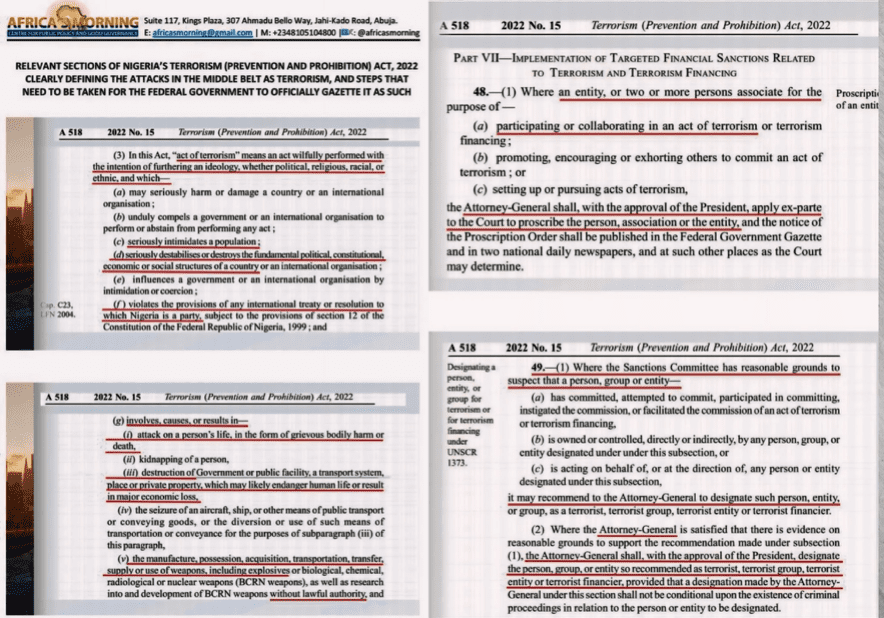 Highlighted text of Nigeria’s Terrorism Act of 2022.