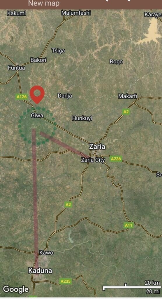 Map of northwestern Kaduna State showing forest area where kidnappers HELD hostages near the town of Giwa, 15 miles northwest of Zaria. Credit: Luka Binniyat.
