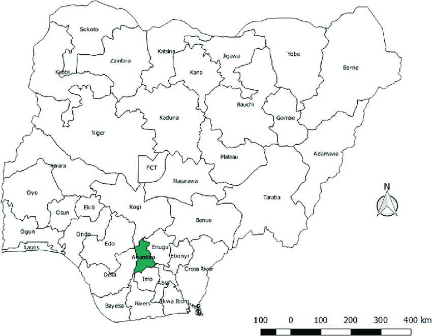 Map of Nigeria showing Anambra state – COURTESY :  Chukwuma David Umeokonkwo, Patricia Nonye Aniebue, and  Chima Onoka  Lawrence Ogbonnaya  Patients’ satisfaction with HIV and AIDS care in Anambra State, Nigeria ( A scholarly article  published by ResearchGate)  https://www.researchgate.net/figure/Map-of-Nigeria-showing-Anambra-State-the-site-of-the-study_fig1_328544237