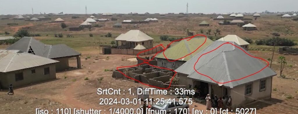 Photo shows houses raided by kidnappers during attack on Gonin Gora on Feb. 18, 2024. Photo by Ehis Agbon.